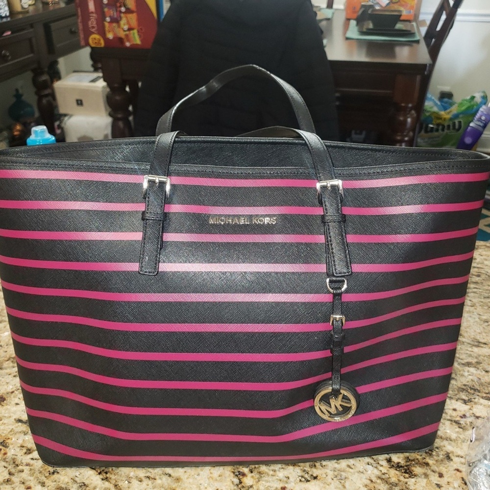 Michael Kors Black and Pink Striped Tote